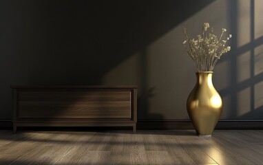 3D rendering of an indoor interior featuring a golden vase and dark wooden furniture