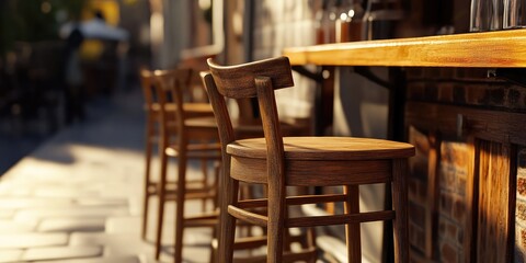 Close up of wooden chairs in a street cafe with a 3D rendering effect Selective focus on a chair showcasing bar decor and ambiance ideas for interior design