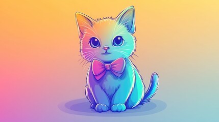 Colorful gradient line illustration of an adorable cartoon cat adorned with a bow