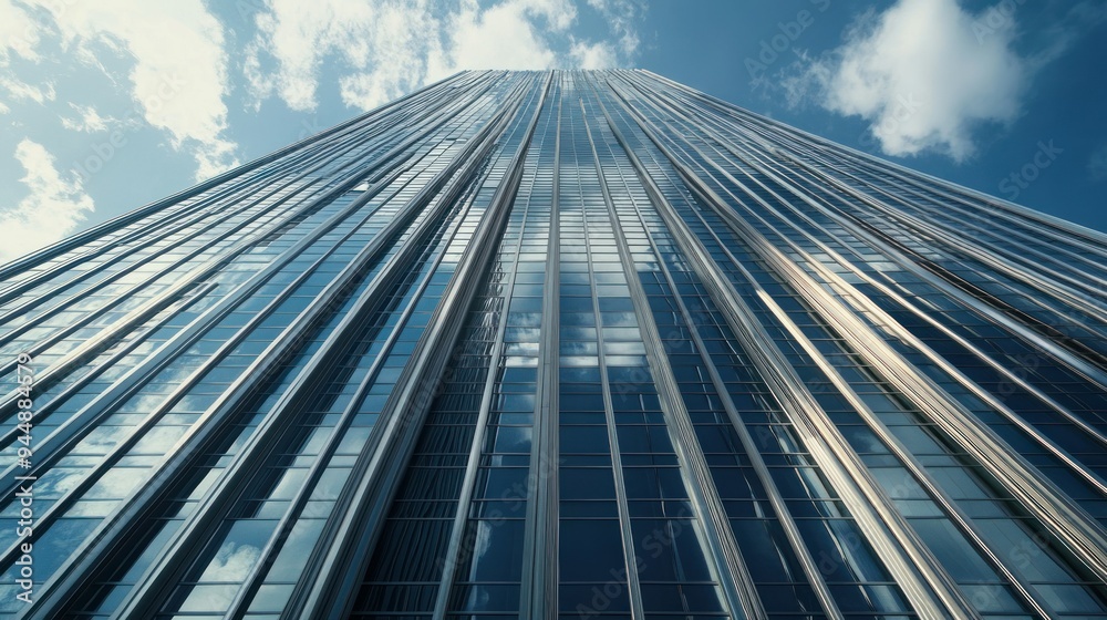 Poster a low angle view of a skyscraper with a blue sky and white clouds