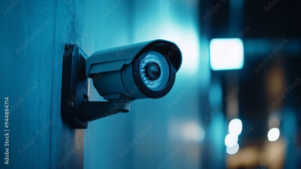 Poster a close-up of a modern cctv camera mounted on a wall, with a clear view of its lens and protective h