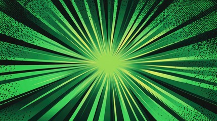Obraz premium 2D cartoon style retro comic background featuring green rays with a raster gradient and halftone effect stock illustration