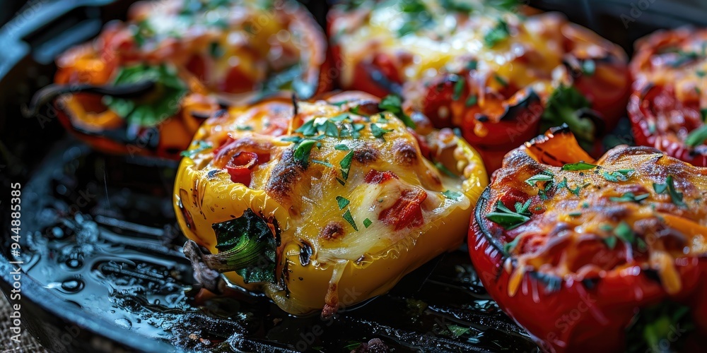 Canvas Prints Stuffed sweet peppers grilled to perfection, topped with flavorful melted cheese.