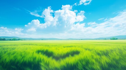 Obraz premium Vast green fields under a bright blue sky with fluffy clouds at midday in a serene rural landscape, cartoon illustration.