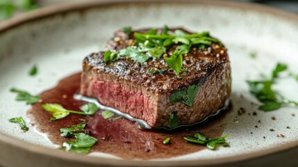 A close-up of a perfectly cooked steak with a juicy, pink center and a crispy, seared exterior, garnished with fresh herbs and served on a rustic plate.