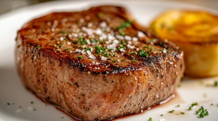 A close-up of a perfectly grilled steak with a golden crust, topped with a sprinkle of sea salt and freshly ground black pepper, on a plate with simple sides.