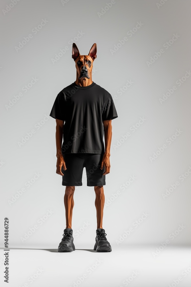 Wall mural A canine standing upright in casual black attire with athletic shoes in a minimalistic studio environment