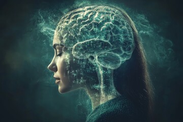 Obraz premium Womans Profile with a Glowing Brain Illustrating the Depth and Intricacies of Human Thought and Emotional Reflection