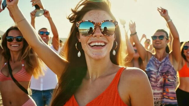 A cheerful group of friends taking a selfie at a music festival.