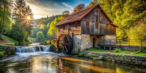 Fototapeta premium Charming old water mill by a river , nostalgic, historic, wooden, picturesque, rural, vintage, scenic, countryside