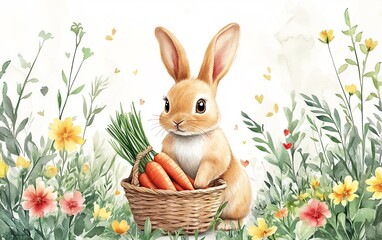 Cute rabbit illustration with a basket of carrots