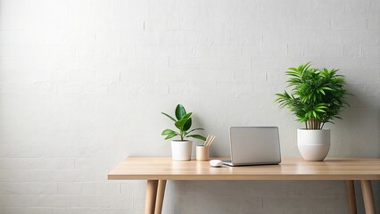 Minimalist workspace with a green potted plant for natural tranquility, minimalist, workspace, green, potted plant