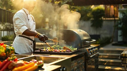 A chef grilling vegetables in an outdoor kitchen,