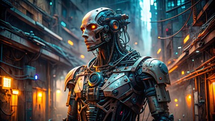 Futuristic cyberpunk android in disarray, surrounded by technology and decay, android, technology