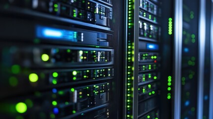 High-tech server racks in a modern data center. The sleek metallic towers are stacked neatly, glowing with green and blue lights against a dark background.