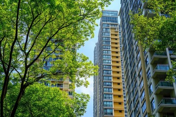 high rise apartments and green trees , ai