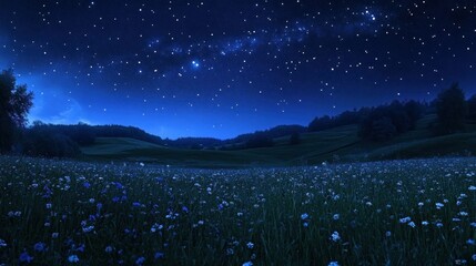 Starry Night Over a Field of Flowers and Forest
