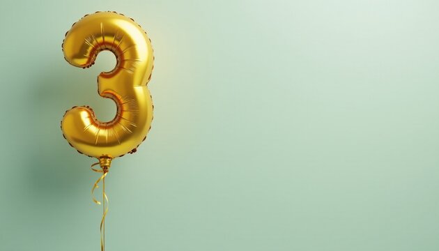 Banner with number 3 golden balloon with copy space. Third birthday celebration on a solid color background.