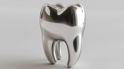 Detailed close-up of a shiny human tooth implant set on a white background, with a metallic and ceramic blend giving a realistic medical feel.