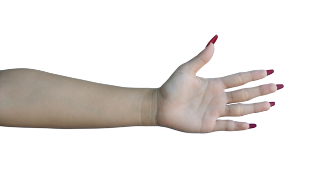 Female hand with red nails manicure isolated on transparent background, PNG Format
