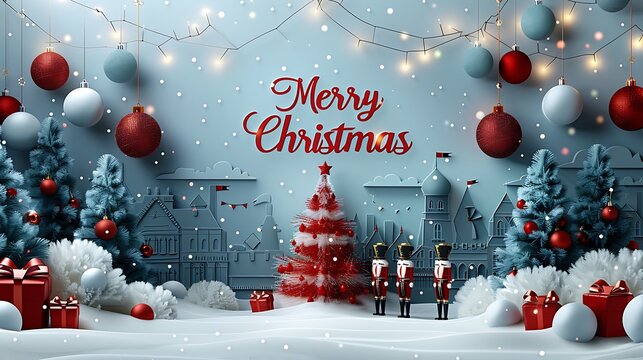 A festive paper-cut scene with Nutcracker characters dancing around a Christmas tree, "Merry Christmas" written in sparkling lights above, warm colors, intricate paper details, soft shadows,