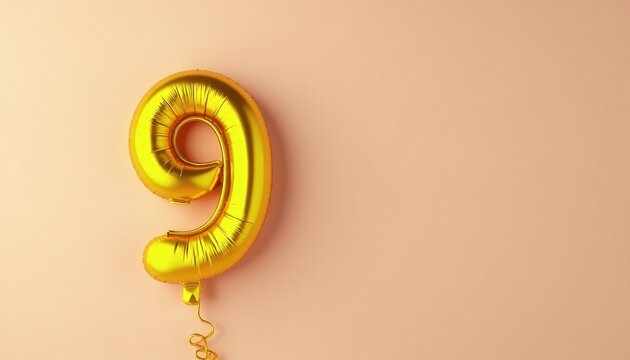 Banner with number 9 golden balloon with copy space. Ninth birthday celebration on a solid color background.