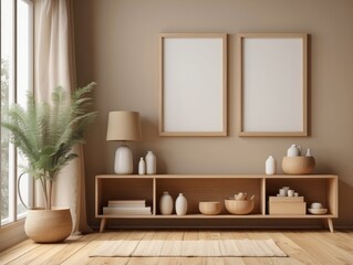 Fototapeta premium Minimalist Living Room with Wooden Shelving and Two Blank Frames
