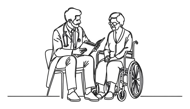 recommend clip art: Continuous Line Drawing of Male Doctor Reading to an Old Senior Citizen Grandmother Patient Sitting on Wheelchair. Health and Wellness Graphic Illustration Concept.