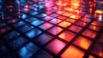 Abstract Digital Grid with Blue and Red Lights