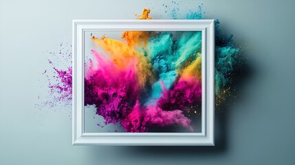 Vibrant Color Explosion: Transform Your Space with a Poster Featuring Colorful Powders in a Classic White Frame—Perfect for Sports Interiors Against a Sleek Gray Background!