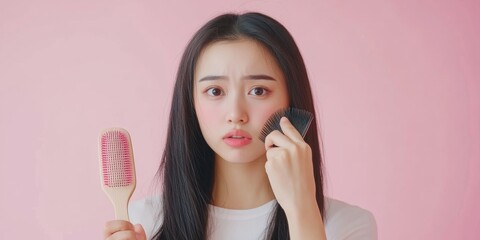 Concerned Asian Woman Experiencing Hair Loss: Postpartum Alopecia and Thinning Hair Concept. Young Female Examining Fallen Strands on Hairbrush, Worried About Baldness. Health, Beauty, and Hair Care P