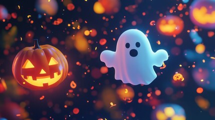 Fototapeta premium 3D-rendered Halloween-themed objects floating in space, including pumpkins, ghosts, and spooky elements glowing with eerie light.