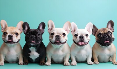 Fototapeta premium Diverse Pack of Adorable French Bulldog Puppies Sitting Together on Pale Turquoise Background
