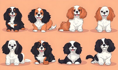 Obraz premium Adorable Cartoon Cavalier King Charles Spaniels in Vibrant Peach Colored Background