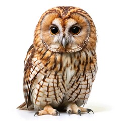Fototapeta premium portrait of tawny owl full body facing camera, isolated on white background