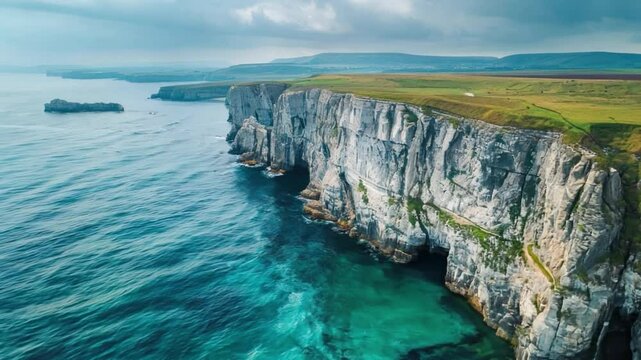 A drone capturing a dramatic cliffside along a rugged coastline.