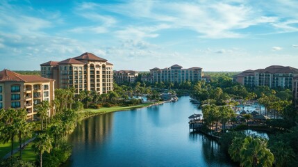 Obraz premium Resort Buildings and a Winding River with Lush Greenery
