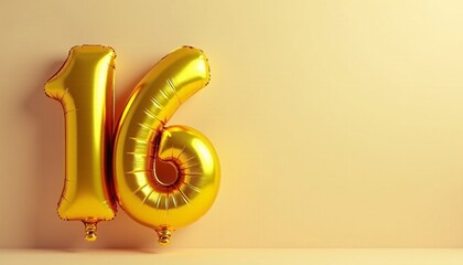 Banner with number 16 golden balloon with copy space. Sixteenth birthday celebration on a solid color background.
