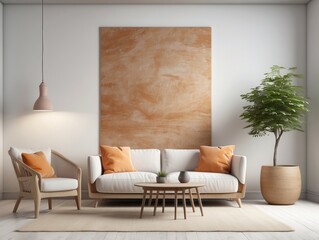 Minimalist Living Room with White Sofa, Orange Pillows, and a Potted Plant