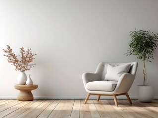 Minimalist Living Room with White Armchair, Plants, and Wooden Floor