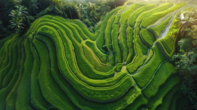 A drone capturing the intricate patterns of a terraced rice field