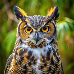 Fototapeta premium great hornet owl portrait portrait of tawny owl looking at camera with blurred forest background
