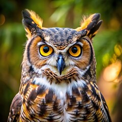 Fototapeta premium great hornet owl portrait of tawny owl looking at camera with blurred forest background
