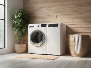 Modern Laundry Room with White Washer and Dryer and a Woven Basket