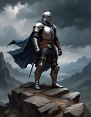Naklejka premium Medieval knight in full armor on a rocky mountain peak, dark storm clouds, and a dramatic landscape in the background.