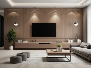 Modern living room with wooden wall, tv, and gray couch