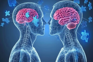 Digital Blue and Red Brain Silhouettes Facing Each Other Depicting the Neural Exchange and Interaction of Cognitive Ideas