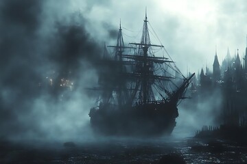 Dark Ship Sailing into Foggy City - Illustration