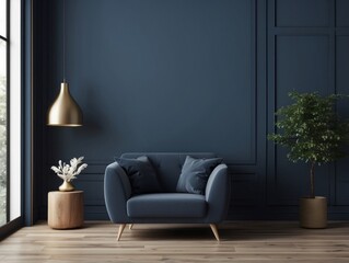 Modern Living Room Interior with Blue Walls and a Velvet Armchair