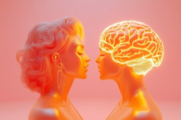 Fototapeta premium Glowing Pink and Orange Head Silhouettes Facing Each Other Depicting the Emotional and Mental Connection Between Two People